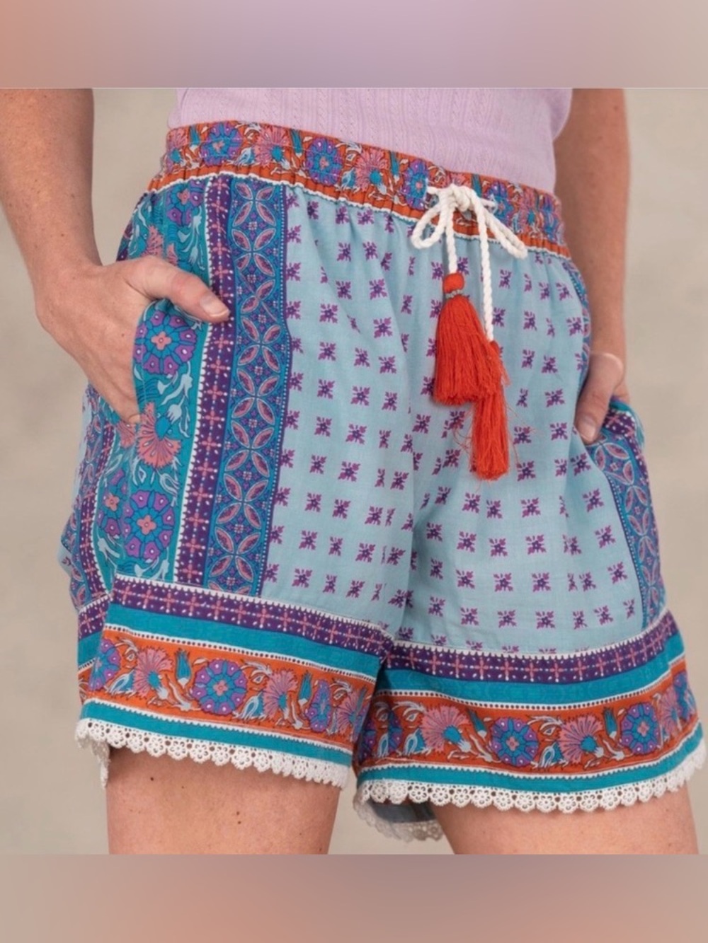 Sundance Boho Shorts Cotton Block Print Beachy Casual Lace Trim Blue L